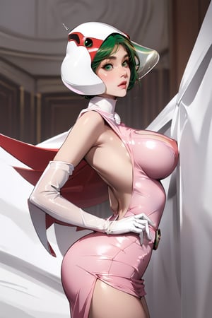 realistic photography, Best quality, Masterpiece, Ultra High Resolution, (Fidelity:1.2), (Realistic:1.37)1 American-Japanese mixed-race gir, 16 years old, Jun ,Gatchaman, 168cm((  **score_9, score_8_up, score_7_up, 1girl(,medium breasts, short green hair , Jun ,midwestern girl, girl-next-door good looks, green eyes,full face, round face, moaning, both eyes open, round cheek)), Expressiveh, nude, medium naked perfect breasts, perfect face, perfect body, long legs, detailed eyes, semi realistic, on her back, on bed, close up,(arched back:1.4), head on pillow, pov: missionary position, vaginal penetration, viewer's hands on her thighs)), lanky, wearing a swan-head-like helmet with a transparent glass plate like a beak covered the front face,on loak with jagged shapes in the end, pink superhero-like mini skirts suit, naturally sexy, {{masterpiece}}}, {{{best quality}}}, {{{ultra-detailed}}},(masterpiece, best quality, ultra-realistic ),(( beautiful face)),short hair,breasts,green eyes,lips,medium breasts,lipstick,white legwear,pink dress,superhero,bodysuit,cape,gloves,helmet,belt,elbow gloves,white gloves,mask,mini skirt,fight scene,