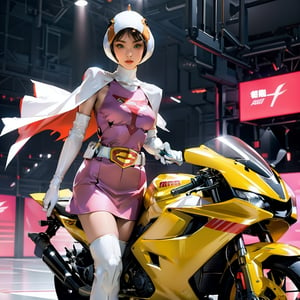 realistic photography, 1 American-Japanese mixed-race gir, 16 years old, Jun ,Gatchaman, 168cm((  **high speed riding a yellow weaponized motocycle)), lanky, wearing a swan-head-like helmet with a transparent glass plate like a beak covered the front face,on loak with jagged shapes in the end, pink superhero-like mini skirts suit, naturally sexy, mide breasts{{masterpiece}}}, {{{best quality}}}, {{{ultra-detailed}}},(masterpiece, best quality, ultra-realistic ),(( beautiful face)),short hair,breasts,green eyes,lips,lipstick,white legwear,pink dress,superhero,bodysuit,cape,gloves,helmet,belt,elbow gloves,white gloves,mask,mini skirt,fight scene