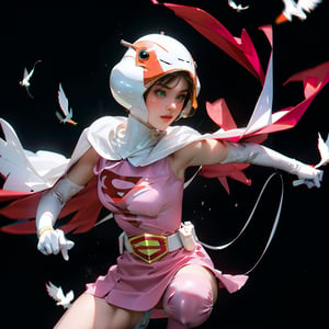 realistic photography, 1 American-Japanese mixed-race gir, 16 years old, Jun ,Gatchaman, 168cm((  **Asia squat)), lanky, wearing a swan-head-like helmet with a transparent glass plate like a beak covered the front face,on loak with jagged shapes in the end, pink superhero-like mini skirts suit, naturally sexy, mide breasts{{masterpiece}}}, {{{best quality}}}, {{{ultra-detailed}}},(masterpiece, best quality, ultra-realistic ),(( beautiful face)),short hair,breasts,green eyes,lips,lipstick,white legwear,pink dress,superhero,bodysuit,cape,gloves,helmet,belt,elbow gloves,white gloves,mask,mini skirt,fight scene