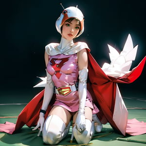 realistic photography, 1 American-Japanese mixed-race gir, 16 years old, Jun ,Gatchaman, 168cm((  **high kneeling position)), lanky, wearing a swan-head-like helmet with a transparent glass plate like a beak covered the front face,on loak with jagged shapes in the end, pink superhero-like mini skirts suit, naturally sexy, mide breasts{{masterpiece}}}, {{{best quality}}}, {{{ultra-detailed}}},(masterpiece, best quality, ultra-realistic ),(( beautiful face)),short hair,breasts,green eyes,lips,lipstick,white legwear,pink dress,superhero,bodysuit,cape,gloves,helmet,belt,elbow gloves,white gloves,mask,mini skirt,fight scene