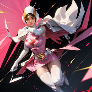 realistic photography, 1 American-Japanese mixed-race gir, 16 years old, Jun ,Gatchaman, 168cm((  **high speed riding a yellow weaponized motocycle)), lanky, wearing a swan-head-like helmet with a transparent glass plate like a beak covered the front face,on loak with jagged shapes in the end, pink superhero-like mini skirts suit, naturally sexy, {{masterpiece}}}, {{{best quality}}}, {{{ultra-detailed}}},(masterpiece, best quality, ultra-realistic ),(( beautiful face)),short hair,breasts,green eyes,lips,medium breasts,lipstick,white legwear,pink dress,superhero,bodysuit,cape,gloves,helmet,belt,elbow gloves,white gloves,mask,mini skirt,fight scene