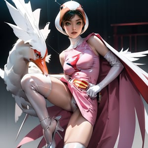 realistic photography, 1 American-Japanese mixed-race gir, 16 years old, Jun ,Gatchaman, 168cm((leg extension kick ,8K)), lanky, wearing a swan-head-like helmet with a transparent glass plate like a beak covered the front face,on loak with jagged shapes in the end, pink superhero-like mini skirts suit, naturally sexy, {{masterpiece}}}, {{{best quality}}}, {{{ultra-detailed}}},(masterpiece, best quality, ultra-realistic )((exquisite make-up face)),(( beautiful face)),short hair,breasts,green eyes,lips,medium breasts,lipstick,white legwear,pink dress,superhero,bodysuit,cape,gloves,helmet,belt,elbow gloves,white gloves,mask,mini skirt, white thigh highs, skin tight, highres,white panty,whole body,ultra detailed, horny, innocent, cute and sweet and lovable yet erotic,