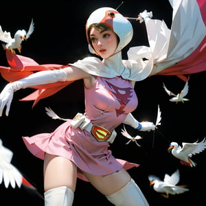 realistic photography, 1 American-Japanese mixed-race gir, 16 years old, Jun ,Gatchaman, 168cm((  **spread and fly)), lanky, wearing a swan-head-like helmet with a transparent glass plate like a beak covered the front face,on loak with jagged shapes in the end, pink superhero-like mini skirts suit, naturally sexy, mide breasts{{masterpiece}}}, {{{best quality}}}, {{{ultra-detailed}}},(masterpiece, best quality, ultra-realistic ),(( beautiful face)),short hair,breasts,green eyes,lips,lipstick,white legwear,pink dress,superhero,bodysuit,cape,gloves,helmet,belt,elbow gloves,white gloves,mask,mini skirt,fight scene