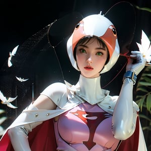 realistic photography, 1 American-Japanese mixed-race gir, 16 years old, Jun ,Gatchaman, 168cm((  **spread and fly)), lanky, wearing a swan-head-like helmet with a transparent glass plate like a beak covered the front face,on loak with jagged shapes in the end, pink superhero-like mini skirts suit, naturally sexy, mide breasts{{masterpiece}}}, {{{best quality}}}, {{{ultra-detailed}}},(masterpiece, best quality, ultra-realistic ),(( beautiful face)),short hair,breasts,green eyes,lips,lipstick,white legwear,pink dress,superhero,bodysuit,cape,gloves,helmet,belt,elbow gloves,white gloves,mask,mini skirt,fight scene