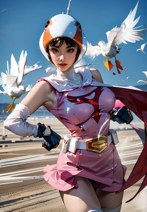 realistic photography, 1 American-Japanese mixed-race gir, 16 years old, Jun ,Gatchaman, 168cm((  **Jumping high kick), lanky, wearing a swan-head-like helmet with a transparent glass plate like a beak covered the front face,on loak with jagged shapes in the end, pink superhero-like mini skirts suit, naturally sexy, {{masterpiece}}}, {{{best quality}}}, {{{ultra-detailed}}},(masterpiece, best quality, ultra-realistic ),(( beautiful face)),short hair,breasts,green eyes,lips,medium breasts,lipstick,white legwear,pink dress,superhero,bodysuit,cape,gloves,helmet,belt,elbow gloves,white gloves,mask,mini skirt,fight scene