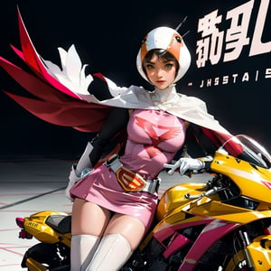 realistic photography, 1 American-Japanese mixed-race gir, 16 years old, Jun ,Gatchaman, 168cm((  **high speed riding a yellow weaponized motocycle)), lanky, wearing a swan-head-like helmet with a transparent glass plate like a beak covered the front face,on loak with jagged shapes in the end, pink superhero-like mini skirts suit, naturally sexy, {{masterpiece}}}, {{{best quality}}}, {{{ultra-detailed}}},(masterpiece, best quality, ultra-realistic ),(( beautiful face)),short hair,breasts,green eyes,lips,medium breasts,lipstick,white legwear,pink dress,superhero,bodysuit,cape,gloves,helmet,belt,elbow gloves,white gloves,mask,mini skirt,fight scene