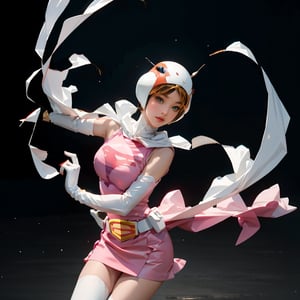 realistic photography, 1 American-Japanese mixed-race gir, 16 years old, Jun ,Gatchaman, 168cm((  **Rhythmic Gymnastics,1000mm shutter, 1/1000,8K)), lanky, wearing a swan-head-like helmet with a transparent glass plate like a beak covered the front face,on loak with jagged shapes in the end, pink superhero-like mini skirts suit, naturally sexy, {{masterpiece}}}, {{{best quality}}}, {{{ultra-detailed}}},(masterpiece, best quality, ultra-realistic ),(( beautiful face)),short hair,breasts,green eyes,lips,medium breasts,lipstick,white legwear,pink dress,superhero,bodysuit,cape,gloves,helmet,belt,elbow gloves,white gloves,mask,mini skirt,fight scene,