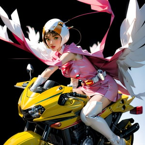 realistic photography, 1 American-Japanese mixed-race gir, 16 years old, Jun ,Gatchaman, 168cm((  **high speed riding a yellow weaponized motocycle)), lanky, wearing a swan-head-like helmet with a transparent glass plate like a beak covered the front face,on loak with jagged shapes in the end, pink superhero-like mini skirts suit, naturally sexy, mide breasts{{masterpiece}}}, {{{best quality}}}, {{{ultra-detailed}}},(masterpiece, best quality, ultra-realistic ),(( beautiful face)),short hair,breasts,green eyes,lips,lipstick,white legwear,pink dress,superhero,bodysuit,cape,gloves,helmet,belt,elbow gloves,white gloves,mask,mini skirt,fight scene