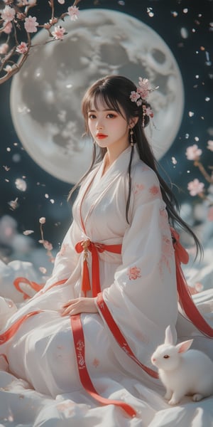 A young woman in a beautiful white kimono sits on a soft, patterned fabric. She is adorned with delicate floral hair ornaments and a red tassel hangs from her waist. Her expression is serene and elegant, her gaze directed towards the viewer. A white rabbit sits beside her, adding a touch of innocence and charm to the scene. The background features a large  Moon and night stars, a traditional Chinese character, creating a sense of cultural richness and mystique. [Photorealistic portrait, inspired by the works of Annie Leibovitz and Steve McCurry], [Soft, natural light, focus on the woman's face and her elegant pose, blurred background with a sense of depth, textured surfaces, a sense of cultural heritage and beauty], Hanfu, KOLNB, Ahri