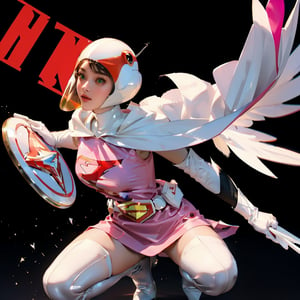 realistic photography, 1 American-Japanese mixed-race gir, 16 years old, Jun ,Gatchaman, 168cm((  **Asia squat)), lanky, wearing a swan-head-like helmet with a transparent glass plate like a beak covered the front face,on loak with jagged shapes in the end, pink superhero-like mini skirts suit, naturally sexy, mide breasts{{masterpiece}}}, {{{best quality}}}, {{{ultra-detailed}}},(masterpiece, best quality, ultra-realistic ),(( beautiful face)),short hair,breasts,green eyes,lips,lipstick,white legwear,pink dress,superhero,bodysuit,cape,gloves,helmet,belt,elbow gloves,white gloves,mask,mini skirt,fight scene