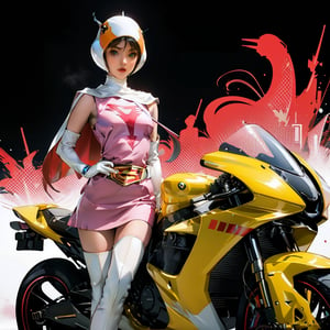 realistic photography, 1 American-Japanese mixed-race gir, 16 years old, Jun ,Gatchaman, 168cm((  **high speed riding a yellow weaponized motocycle)), lanky, wearing a swan-head-like helmet with a transparent glass plate like a beak covered the front face,on loak with jagged shapes in the end, pink superhero-like mini skirts suit, naturally sexy, mide breasts{{masterpiece}}}, {{{best quality}}}, {{{ultra-detailed}}},(masterpiece, best quality, ultra-realistic ),(( beautiful face)),short hair,breasts,green eyes,lips,lipstick,white legwear,pink dress,superhero,bodysuit,cape,gloves,helmet,belt,elbow gloves,white gloves,mask,mini skirt,fight scene