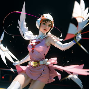 realistic photography, 1 American-Japanese mixed-race gir, 16 years old, Jun ,Gatchaman, 168cm((  **spread and fly)), lanky, wearing a swan-head-like helmet with a transparent glass plate like a beak covered the front face,on loak with jagged shapes in the end, pink superhero-like mini skirts suit, naturally sexy, mide breasts{{masterpiece}}}, {{{best quality}}}, {{{ultra-detailed}}},(masterpiece, best quality, ultra-realistic ),(( beautiful face)),short hair,breasts,green eyes,lips,lipstick,white legwear,pink dress,superhero,bodysuit,cape,gloves,helmet,belt,elbow gloves,white gloves,mask,mini skirt,fight scene