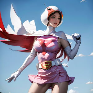 realistic photography, Best quality, Masterpiece, Ultra High Resolution, (Fidelity:1.2), (Realistic:1.37)1 American-Japanese mixed-race gir, 16 years old, Jun ,Gatchaman, 168cm((  **high  Kick,400mm shutter, 1/400,8K)), lanky, wearing a swan-head-like helmet with a transparent glass plate like a beak covered the front face,on loak with jagged shapes in the end, pink superhero-like mini skirts suit, naturally sexy, {{masterpiece}}}, {{{best quality}}}, {{{ultra-detailed}}},(masterpiece, best quality, ultra-realistic ),(( beautiful face)),short hair,breasts,green eyes,lips,medium breasts,lipstick,white legwear,pink dress,superhero,bodysuit,cape,gloves,helmet,belt,elbow gloves,white gloves,mask,mini skirt,fight scene,