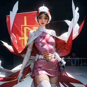 realistic photography, 1 American-Japanese mixed-race gir, 16 years old, Jun ,Gatchaman, 168cm((take off clothes and get ready to take a show)), lanky, wearing a swan-head-like helmet with a transparent glass plate like a beak covered the front face,on loak with jagged shapes in the end, pink superhero-like mini skirts suit, naturally sexy, {{masterpiece}}}, {{{best quality}}}, {{{ultra-detailed}}},(masterpiece, best quality, ultra-realistic )((exquisite make-up face)),(( beautiful face)),short hair,breasts,green eyes,lips,medium breasts,lipstick,white legwear,pink dress,superhero,bodysuit,cape,gloves,helmet,belt,elbow gloves,white gloves,mask,mini skirt, white thigh highs, skin tight, highres,white panty,whole body,ultra detailed, horny, innocent, cute and sweet and lovable yet erotic,