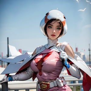 realistic photography, Best quality, Masterpiece, Ultra High Resolution, (Fidelity:1.2), (Realistic:1.37)1 American-Japanese mixed-race gir, 16 years old, Jun ,Gatchaman, 168cm((  **high  kick,400mm shutter, 1/400,8K)), lanky, wearing a swan-head-like helmet with a transparent glass plate like a beak covered the front face,on loak with jagged shapes in the end, pink superhero-like mini skirts suit, naturally sexy, {{masterpiece}}}, {{{best quality}}}, {{{ultra-detailed}}},(masterpiece, best quality, ultra-realistic ),(( beautiful face)),short hair,breasts,green eyes,lips,medium breasts,lipstick,white legwear,pink dress,superhero,bodysuit,cape,gloves,helmet,belt,elbow gloves,white gloves,mask,mini skirt,fight scene,