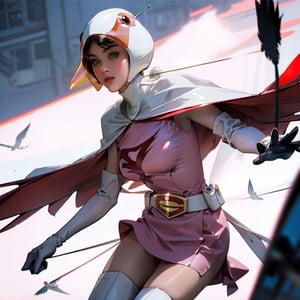 realistic photography, 1 American-Japanese mixed-race gir, 16 years old, Jun ,Gatchaman, 168cm((  **spread and fly)), lanky, wearing a swan-head-like helmet with a transparent glass plate like a beak covered the front face,on loak with jagged shapes in the end, pink superhero-like mini skirts suit, naturally sexy, mide breasts{{masterpiece}}}, {{{best quality}}}, {{{ultra-detailed}}},(masterpiece, best quality, ultra-realistic ),(( beautiful face)),short hair,breasts,green eyes,lips,lipstick,white legwear,pink dress,superhero,bodysuit,cape,gloves,helmet,belt,elbow gloves,white gloves,mask,mini skirt,fight scene