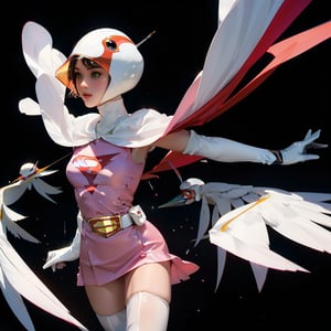 realistic photography, 1 American-Japanese mixed-race gir, 16 years old, Jun ,Gatchaman, 168cm((  **spread and fly)), lanky, wearing a swan-head-like helmet with a transparent glass plate like a beak covered the front face,on loak with jagged shapes in the end, pink superhero-like mini skirts suit, naturally sexy, mide breasts{{masterpiece}}}, {{{best quality}}}, {{{ultra-detailed}}},(masterpiece, best quality, ultra-realistic ),(( beautiful face)),short hair,breasts,green eyes,lips,lipstick,white legwear,pink dress,superhero,bodysuit,cape,gloves,helmet,belt,elbow gloves,white gloves,mask,mini skirt,fight scene