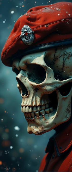 cinematic reality, film, chiarosaurio, depth of field, sadows, relfection, sparks, mists, skull with red military cap,sharp focus, detailed features, 