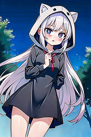 cute girl with white hair, black eyes, white pupils , hooded, red bow with bell and black dress  on night forest