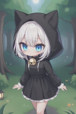 cute girl hooded, black dress,white hair ,tie with bell, blue eyes walking in a forest at night,Pixel art