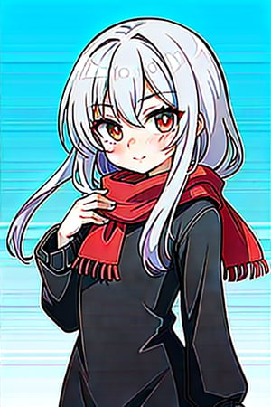 cute girl with white hair, black cornea, white pupils and wearing a black sweater, red scarf and black dress,anime