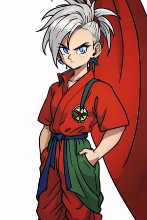 ((masterpiece)),8k,HD,Toriyama Akira,dragon ball,earrings,female_solo,silver_hair,very_long_hair,spiky_hair,mohawk_(hair_style),,sash around waist,orange sash,detailed eyes,pupils,hair_tied,waistcoat,red clothes,baggy pants,blue_eyes,gi,serious