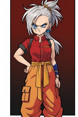 ((masterpiece)),8k,HD,Toriyama Akira,dragon ball,earrings,female_solo,silver_hair,very_long_hair,spiky_hair,mohawk_(hair_style),,sash around waist,orange sash,detailed eyes,pupils,hair_tied,waistcoat,red clothes,baggy pants,blue_eyes,eye_patch,gi,serious