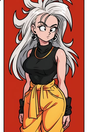 ((masterpiece)),8k,HD,Toriyama Akira,dragon ball,potara earrings,female_solo,silver_hair,very_long_hair,spiky_hair,mohawk_(hair_style),pink pants,waistcoat,red waistcoat,sash around waist,orange sash