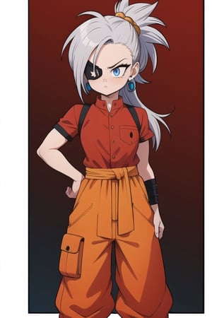 ((masterpiece)),8k,HD,Toriyama Akira,dragon ball,earrings,female_solo,silver_hair,very_long_hair,spiky_hair,mohawk_(hair_style),,sash around waist,orange sash,detailed eyes,pupils,hair_tied,waistcoat,red clothes,baggy pants,blue_eyes,eye_patch,gi,serious