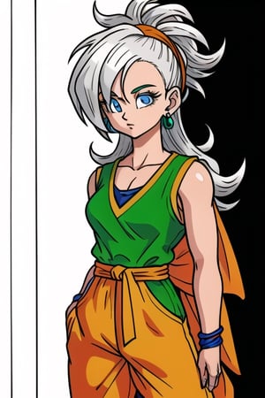 ((masterpiece)),8k,HD,Toriyama Akira,dragon ball,earrings,female_solo,silver_hair,very_long_hair,spiky_hair,mohawk_(hair_style),,sash around waist,orange sash,detailed eyes,pupils,hair_tied,waistcoat,green shirt,orange pants,blue_eyes,gi