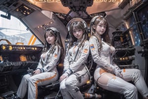4 korean girls, full_body, looking at viewer, blue eyes, brown hair, in the ((spaceship cockpit:1.5)),spacecraft,(orange with white suit:1.5),from window can see the galaxy,midnight,hands,((big tits:1.2)),((sitting in the cockpit:1.5)),front-view,multiple girls,mechanical
