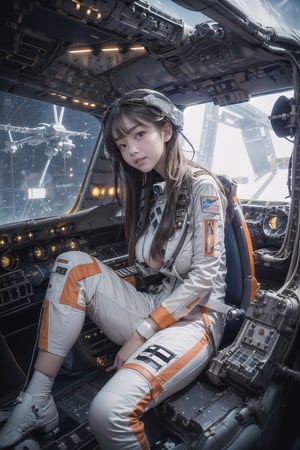 1 korean girl, full_body, looking at viewer, blue eyes, brown hair, in the ((spaceship cockpit:1.5)),spacecraft,(orange mix white suit),from window can see the galaxy,midnight,hands,((big tits:1.2)),((sitting in the cockpit:1.5)),front-view