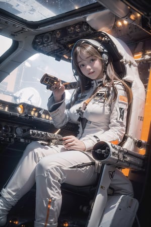 1 korean girl, full_body, looking at viewer, blue eyes, brown hair, in the ((spaceship cockpit:1.5)),spacecraft,(orange with white suit:1.5),from window can see the galaxy,midnight,hands,((big tits:1.2)),((sitting in the cockpit:1.5)),front-view