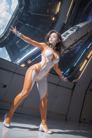 1 korean girl, full body, gigantic breasts,blue eyes, brown hair, 
((dancing in the gigantic lobby of the spaceship)),(Super low angle front view:1.5),
,bodysuit,spacecraft,((show tits)),white and orange suit,(( spaceship)),outspace,star cloudy