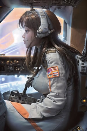 1 korean girl, full_body, looking at viewer, blue eyes, brown hair, in the ((spaceship cockpit:1.5)),spacecraft,(orange suit),from window can see the galaxy,hands,((big tits:1.2)),((sitting in the cockpit:1.5)),((side view:1.5)),best hands,((wright down on board)),((looking_at_viewer))