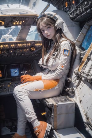 1 korean girl, full_body, looking at viewer, blue eyes, brown hair, in the ((spaceship cockpit:1.5)),spacecraft,(orange with white suit:1.5),from window can see the galaxy,midnight,hands,((big tits:1.2)),((sitting in the cockpit:1.5)),front-view,