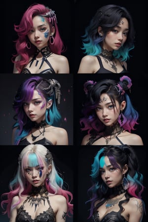 black Pop girl group with 6 members colorful hair and glowing eyes 