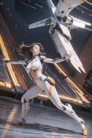 1 korean girl, full body, gigantic breasts,blue eyes, brown hair, 
((dancing in the gigantic lobby of the spaceship)),(Super low angle front view:1.5),
,bodysuit,spacecraft,((show tits)),white and orange suit,(( spaceship)),outspace,star cloudy,Mecha body
