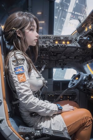 1 korean girl, full_body, looking at viewer, blue eyes, brown hair, in the ((spaceship cockpit:1.5)),spacecraft,(orange suit),from window can see the galaxy,hands,((big tits:1.2)),((sitting in the cockpit:1.5)),((side view:1.5))