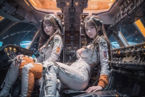 2 korean girls, full_body, looking at viewer, blue eyes, brown hair, in the ((spaceship cockpit:1.5)),spacecraft,(orange with white suit:1.5),from window can see the galaxy,midnight,hands,((big tits:1.2)),((sitting in the cockpit:1.5)),front-view,multiple girls,mechanical,metal