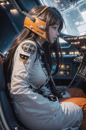 1 korean girl, full_body, looking at viewer, blue eyes, brown hair, in the ((spaceship cockpit:1.5)),spacecraft,(orange suit),from window can see the galaxy,hands,((big tits:1.2)),((sitting in the cockpit:1.5)),((side view:1.5))