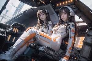 4 korean girls, full_body, looking at viewer, blue eyes, brown hair, in the ((spaceship cockpit:1.5)),spacecraft,(orange with white suit:1.5),from window can see the galaxy,midnight,hands,((big tits:1.2)),((sitting in the cockpit:1.5)),front-view,multiple girls