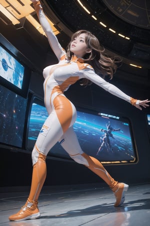 1 korean girl, full body, breasts,blue eyes, brown hair, 
((dancing in the gigantic lobby of the spaceship)),(Super low angle front view:1.5),
,bodysuit,spacecraft,((show tits)),white and orange suit,spaceship,outspace,starcloudy