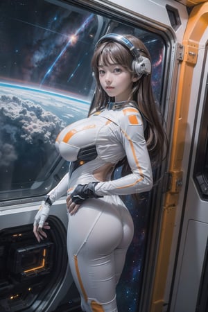 1 korean girl, full body, gigantic breasts,blue eyes, brown hair, 
((standing and look out the gigantic window of the spaceship)),(front view:1.5),((out window is outspace with colorful nebula)), hand touch the window,
,bodysuit,helmet with glass,spacecraft,((show tits)),((big butt)),((white and orange suit)),(( spaceship)),perfect,mechanical,((best hand)),((best fingers))