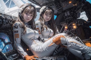 2 korean girls, full_body, looking at viewer, blue eyes, brown hair, in the ((spaceship cockpit:1.5)),spacecraft,(orange with white suit:1.5),from window can see the galaxy,midnight,hands,((big tits:1.2)),((sitting in the cockpit:1.5)),front-view,multiple girls,mechanical,metal