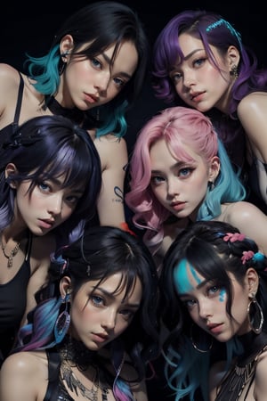black Pop girl group with 6 members colorful hair and glowing eyes 