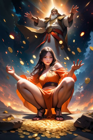 oil painting, serreal fantasy creates a realistic image of a young Thai woman, a divine woman wearing an orange Thai sarong, performing magic, displaying many gold coins, squatting, turning to the side, raising her hands to flirt and scatter coins. ,(Realistic details like captured with a dslr camera) view dutch front low,effects magic light, Witness the Naga Patriarch,high details,sky,universe,magnificent