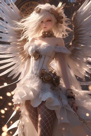 1 girl, (Mastery), an albino angel girl with sleepy smoky eyes, fly-away white hair, (white dreadlocks), slit pupils, mesh fishnet tights, (long and Complex wings: 1.2),
Best quality, highest quality, extremely detailed CG unified 8k wallpaper, detailed and intricate,
, steampunk style, glass elements,full body,off shoulder