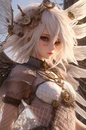 1 girl, (Mastery), an albino angel girl with sleepy smoky eyes, fly-away white hair, (white dreadlocks), slit pupils, mesh fishnet tights, (long and Complex wings: 1.2),
Best quality, highest quality, extremely detailed CG unified 8k wallpaper, detailed and intricate,
, steampunk style, glass elements