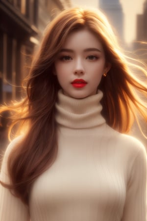 masterpiece, high-quality realistic photo, high resolution photo, high-quality, 8K, natural and soft lighting, high contrast, sharp-focus, upper-body, (detailed face:1.1), in the city,
beautiful-european-1girl, fair smooth skin, gold long hair, hair blowing in the wind, dull bangs, red lips, medium breasts, small earing,                                                                                    
(white turtleneck sweater, jeans),Realism,chinese dress